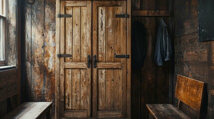 Rustic Wooden Door in a Dimly Lit Room with Vintage Furniture