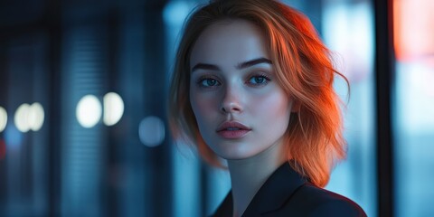 Elegant Portrait of a Young Woman with Warm Tones in a Modern Urban Setting