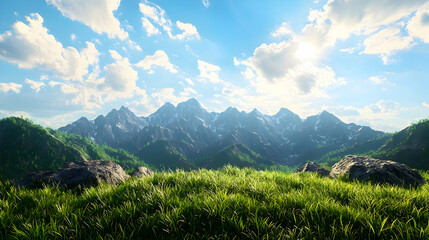 Fototapeta premium Sunlit Mountain Range with Lush Green Valley