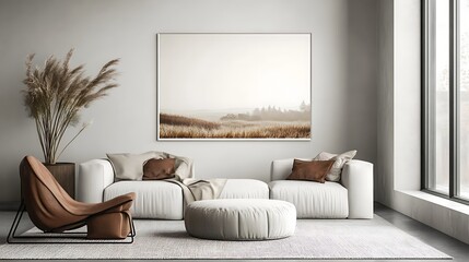 Minimalist living room with beige sofa, armchair, and landscape artwork.