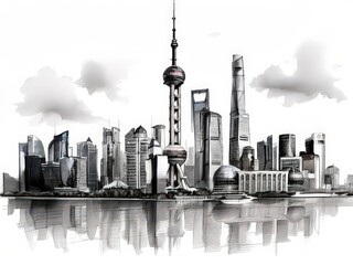 Obraz premium an AI Image Generator, Shanghai Skyline Featuring Iconic Landmarks and Contemporary Buildings