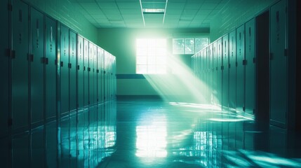 Peaceful School Corridor with Sunlight Streaming Through Windows