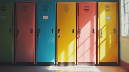 Colorful lockers in a bright school hallway with sunlight streaming
