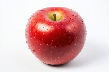 Bright red apple glistens with water drops on a pristine white surface, showcasing its natural allure and freshness. Generative AI