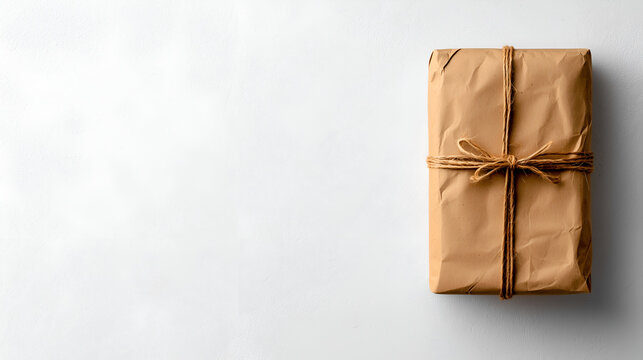 A neatly wrapped brown package tied with twine, resting on a clean white surface, suggesting gift-giving or shipping.