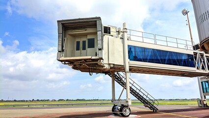 Passenger boarding bridge or garbarata in the aircraft parking area for passengers and aircraft...