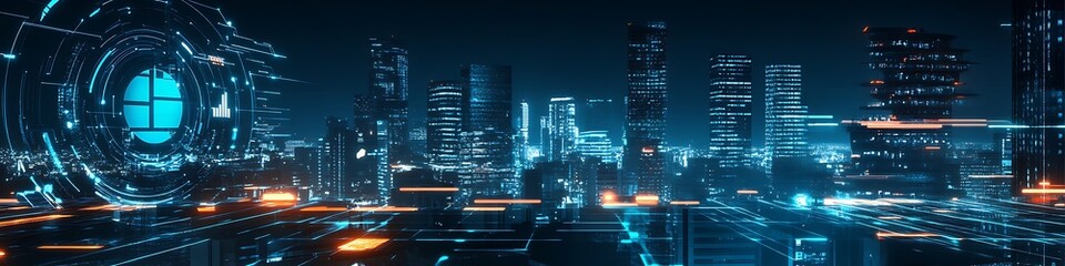 Fototapeta premium Futuristic Cityscape Illuminated With Digital Data Streams