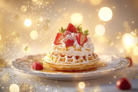 Delicious Waffles Topped With Strawberries And Cream