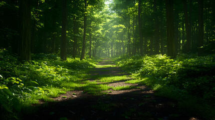 Obraz premium Sunlit Path Through Lush Green Forest