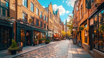 Fototapeta premium Charming Cobblestone Street in Vibrant Urban Neighborhood