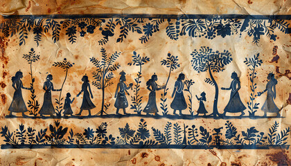 Vibrant Warli Art Design: Traditional Indian Rajasthani Folk Art for Cultural Decor and Art Projects on Earthy Brown Background