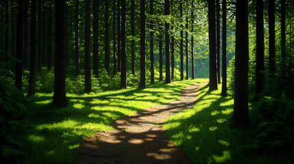 Fototapeta premium Sunlit Path Through Lush Green Forest