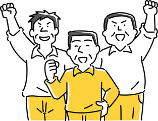 ガッツポーズをとる3人の中年男性