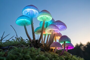 Fototapeta premium Colorful glowing mushrooms clusters on transparent background