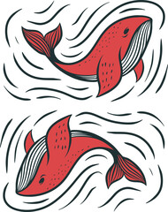 Vibrant Red Whale Artwork with Dynamic Wave Motion