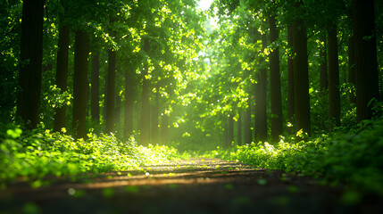 Obraz premium Sunlit Path Through Lush Green Forest