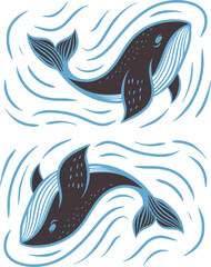 Majestic Black Whale Artwork with Flowing Blue Waves