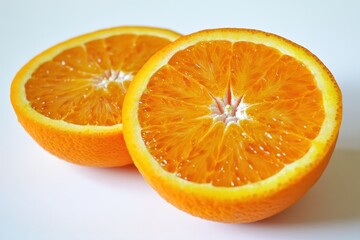 Fototapeta premium Freshly sliced orange reveals sweet and juicy interior against crisp white backdrop for vibrant culinary delight. Generative AI