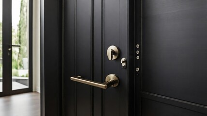 Modern door locks have several buttons and levers, with a sleek black metal appearance against a contemporary interior setting