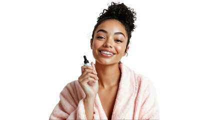 portrait of a young woman applying serum with a dropper as part of her skincare routine, dressed in a soft pink bathrobe, smiling with a relaxed expression, isolated on a white background
