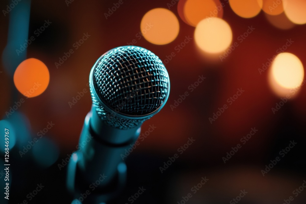 Leinwandbilder microphone displayed against a blurred backdrop of warm lights in a lively venue during an evening p