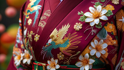 Traditional Japanese Kimono with Rich Floral Embroidery and Elegant Crane Motif in Deep Red Fabric