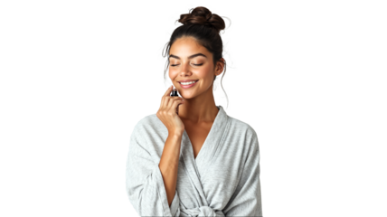 portrait of a young woman applying essential oils on her wrist as part of her wellness spa self-care routine, dressed in a light grey loungewear set, smiling with a sense of calm, isolated on a white