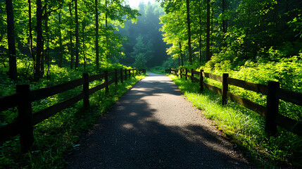 Fototapeta premium Sunlit Path Through Lush Green Forest