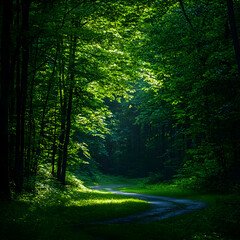 Fototapeta premium Sunlit Path Through Lush Green Forest