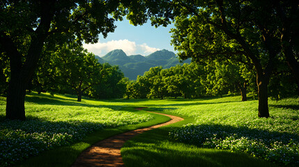 Fototapeta premium Sunlit Path Through Lush Green Forest Meadow