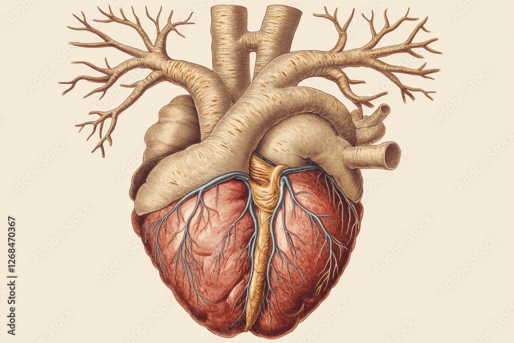 Poster Anatomical illustration of the human heart showing detailed vascular structure and chambers in a scientific context. Generative AI