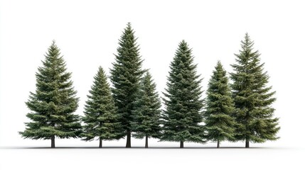 A set of realistic trees, with five large coniferous trees in the foreground and three medium-sized pine trees behind them. The background is white.