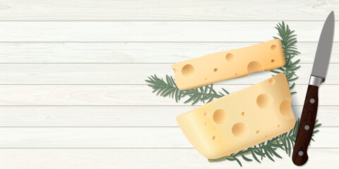 Swiss cheese with slices, rosemary and knife on a wooden background top view graphic illustration have blank space.
