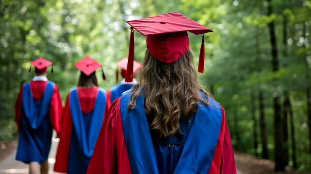 Graduates in caps and gowns walking in a forest on graduation day during spring