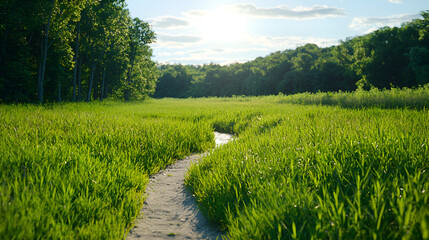 Obraz premium Sunlit Path Through Lush Green Meadow