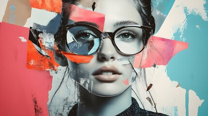 Abstract Collage Portrait of a Woman with Glasses