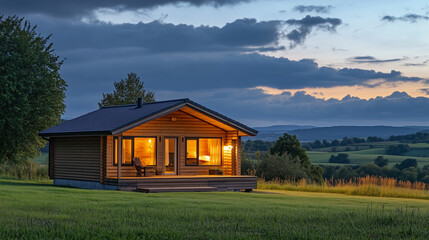 Obraz premium A small wooden log cabin in the countryside at dusk, with warm lights glowing from inside, surrounded by lush green fields and tall trees. The dark blue sky and clouds above add to the cozy and inviti