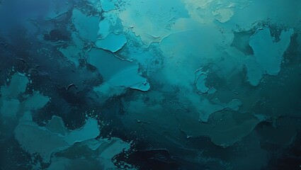 abstract painting with a textured surface, predominantly featuring shades of teal and turquoise. The style is impressionistic, with a blend of colors creating a sense of depth and movement.