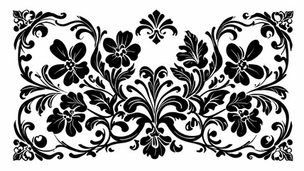 An elegant, symmetrical ornamental white color flat design with intricate floral and baroque-inspired elements. black color. Swirling and curling details should extend outward.
