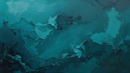 abstract painting with a textured surface, predominantly featuring shades of teal and turquoise. The style is impressionistic, with a blend of colors creating a sense of depth and movement.