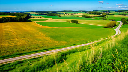 Rural landscape in springtime. Green fields and blue sky.