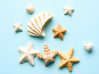 Sea shells on blue background, top view. Summer vacation concept.