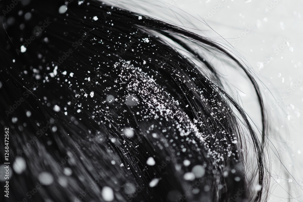 Aufkleber close up view of dandruff flakes on dark hair strands with clear text space for information or capti