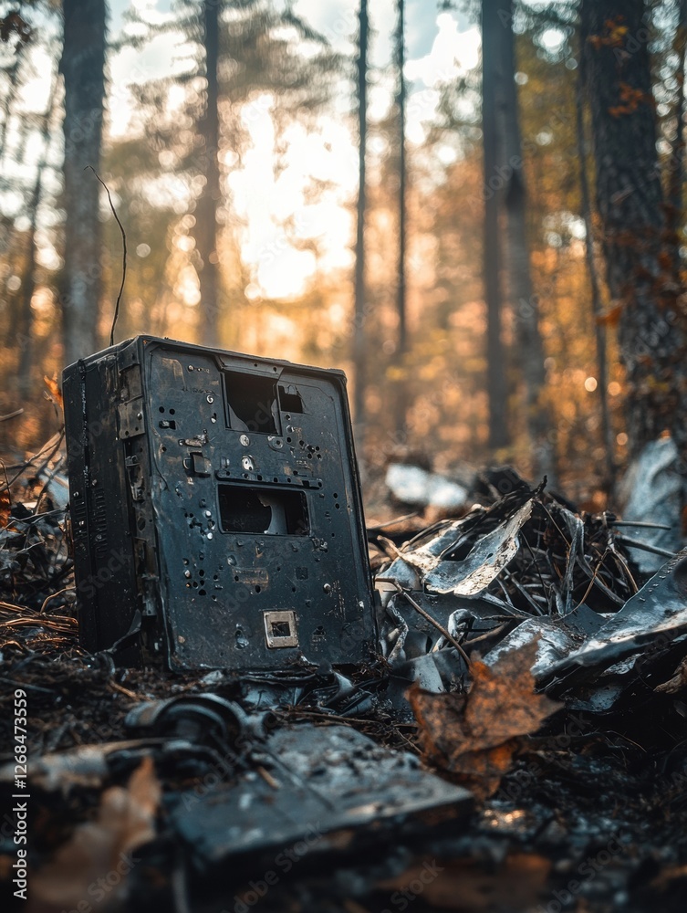 Poster black box recorder surrounded by scattered airplane wreckage in a forest after an accident at dusk. 
