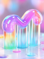 Abstract letter M in iridescent shapes, colorful background. Use for trendy design, branding