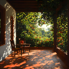 Sunlit Patio with Red Leaved Trees