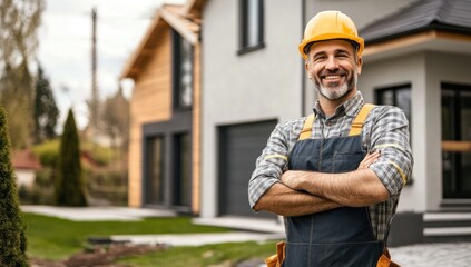 Smiling Construction Worker in Front of New House