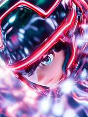Animated character, futuristic helmet, neon lights, focused look,  background glow,  digital art, for screen usage