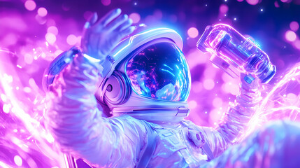 Astronaut in vibrant space suit, floating, colorful bokeh background.  Possible use Science fiction, futuristic concept, video game design, etc