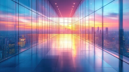 Modern Office Hallway with Stunning Sunset Reflection in Glass